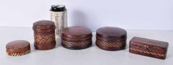A collection of small leather encased straw work boxes including a fitted razor 6 x 10 cm (5).