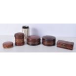 A collection of small leather encased straw work boxes including a fitted razor 6 x 10 cm (5).