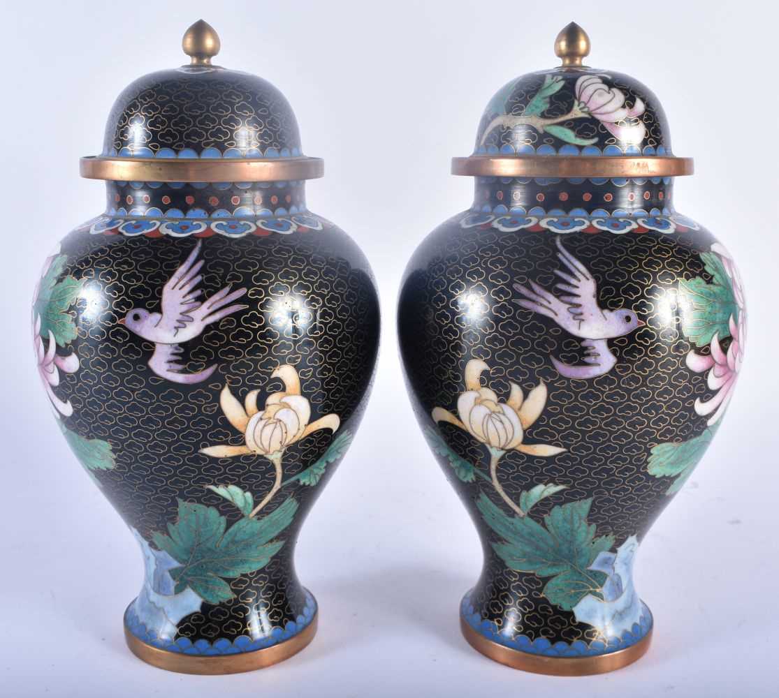 TWO PAIRS OF CHINESE REPUBLICAN PERIOD CLOISONNE ENAMEL VASES decorated with foliage. Largest 24.5 - Image 5 of 8