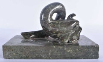 A LARGE 19TH CENTURY EUROPEAN COUNTRY HOUSE GRAND TOUR BLOODSTONE DESK WEIGHT formed as a fish