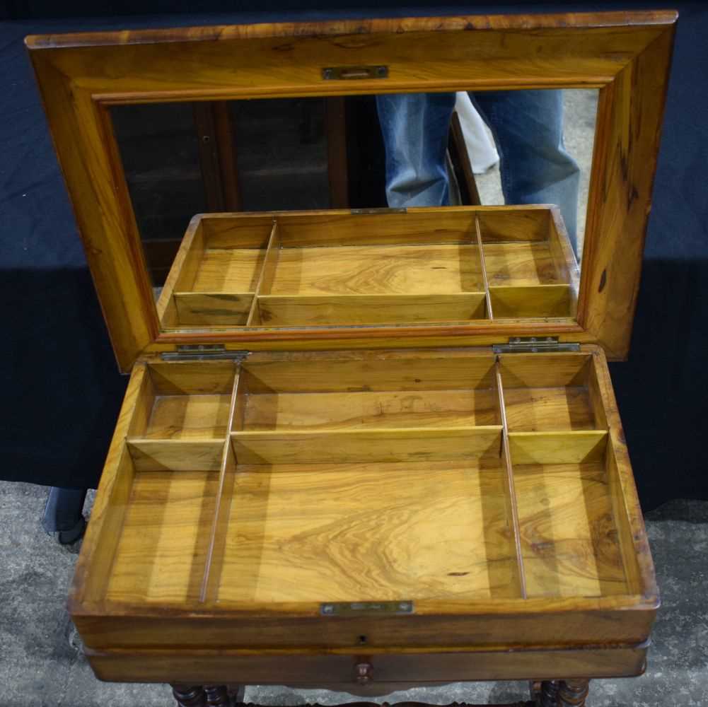 A Victorian Flame mahogany top opening , one drawer work table 70.5 x 60 x 41 cm. - Image 8 of 18