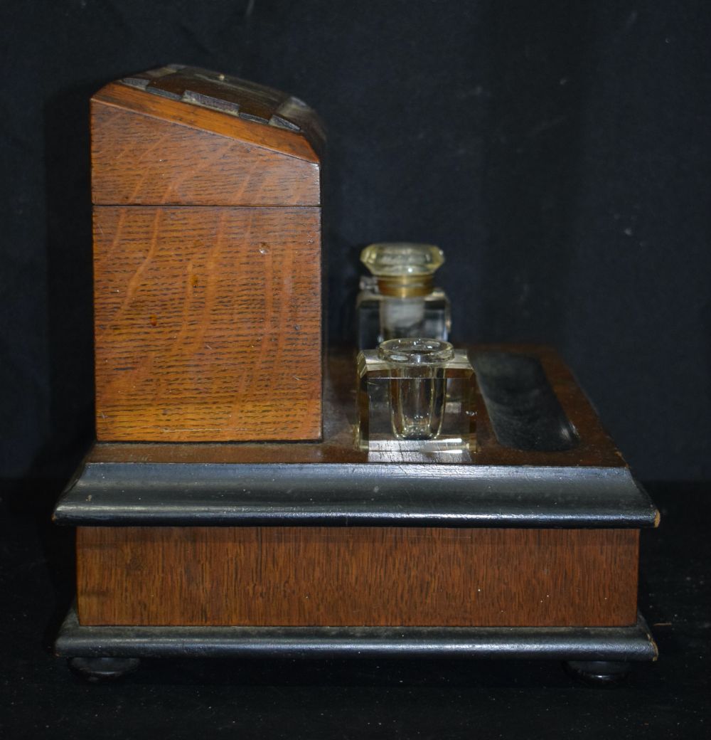 A 19th Century Oak Desk top stationary stand with a silver presentation plaque dated 1880 25 x 31 - Image 7 of 8