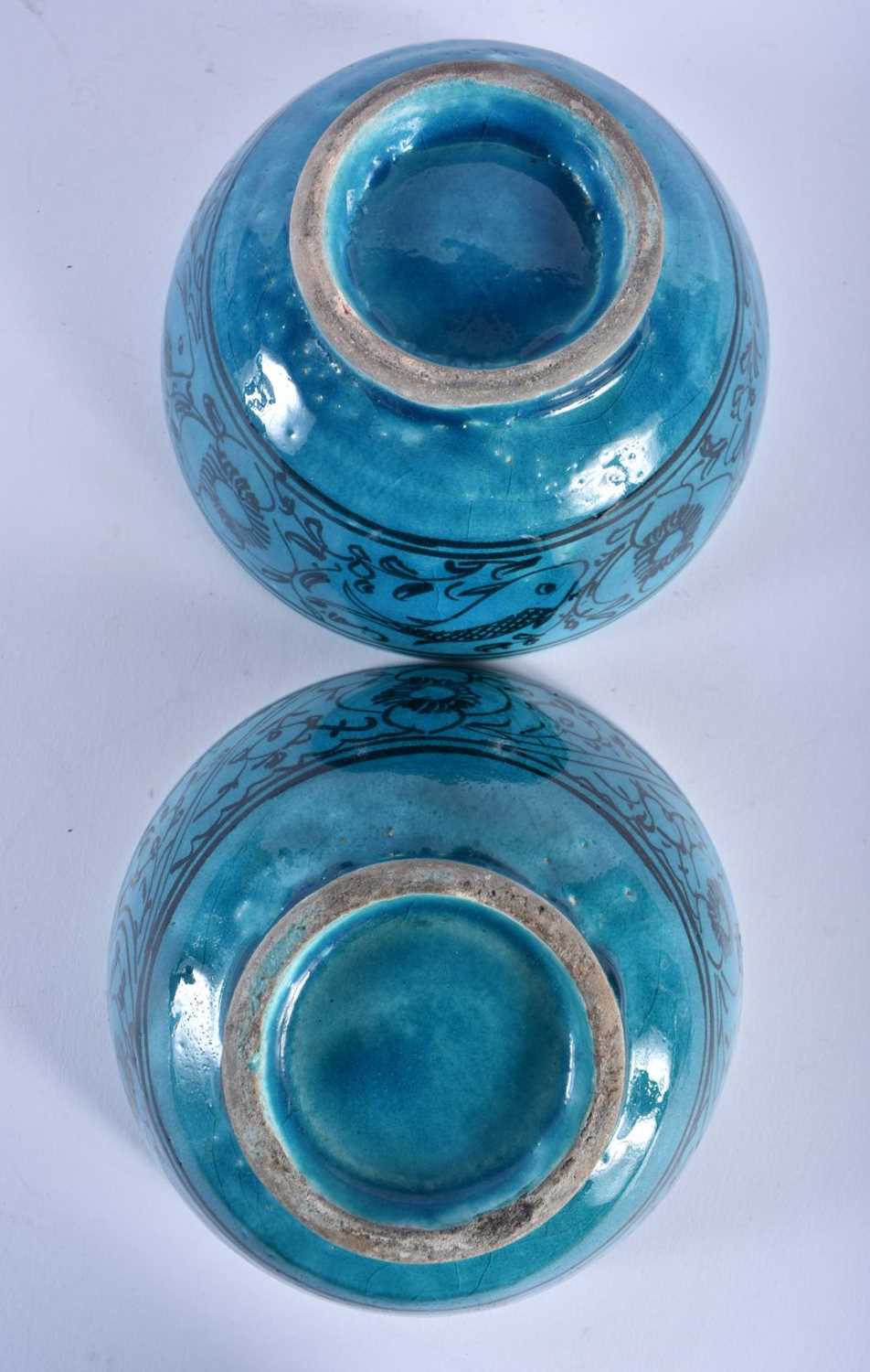 A PERSIAN SAFAVID TURQUOISE GLAZED POTTERY VASE together with a similar bowls. Largest 22 cm x 15 - Image 7 of 7