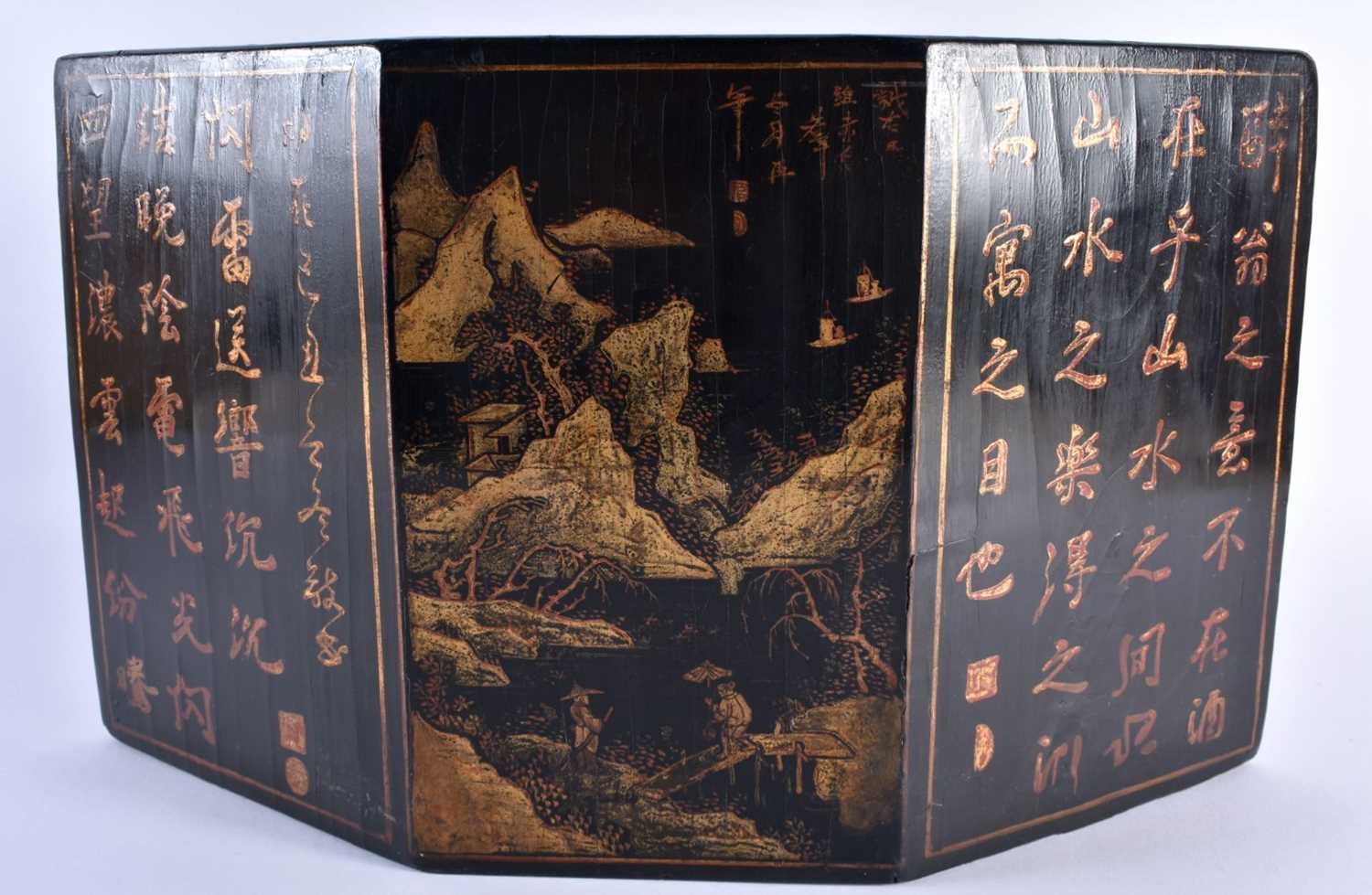 A LARGE AND UNUSUAL 19TH CENTURY CHINESE BLACK LACQUERED MARBLE STAND Qing, painted with figures and - Image 4 of 7