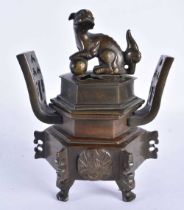 A 19TH CENTURY JAPANESE MEIJI PERIOD TWIN HANDLED BRONZE CENSER AND COVER. 19 cm x 12 cm.