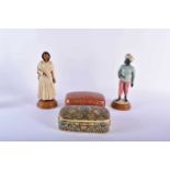 A PAIR OF 19TH CENTURY INDIAN COMPANY SCHOOL PAINTED POTTERY FIGURES together with a pair of similar
