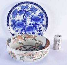 A LARGE 19TH CENTURY JAPANESE MEIJI PERIOD IMARI PORCELAIN DRAGON BOWL together with a large blue