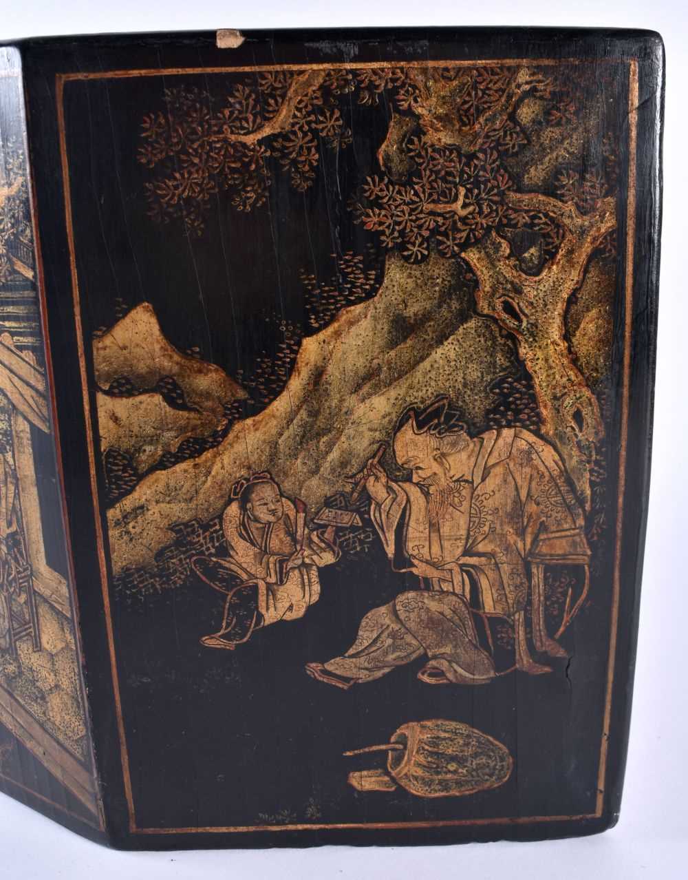 A LARGE AND UNUSUAL 19TH CENTURY CHINESE BLACK LACQUERED MARBLE STAND Qing, painted with figures and - Image 2 of 7