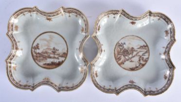 A PAIR OF 18TH CENTURY CHINESE EXPORT PORCELAIN SQUARE FORM DISHES Qianlong. 20 cm square.