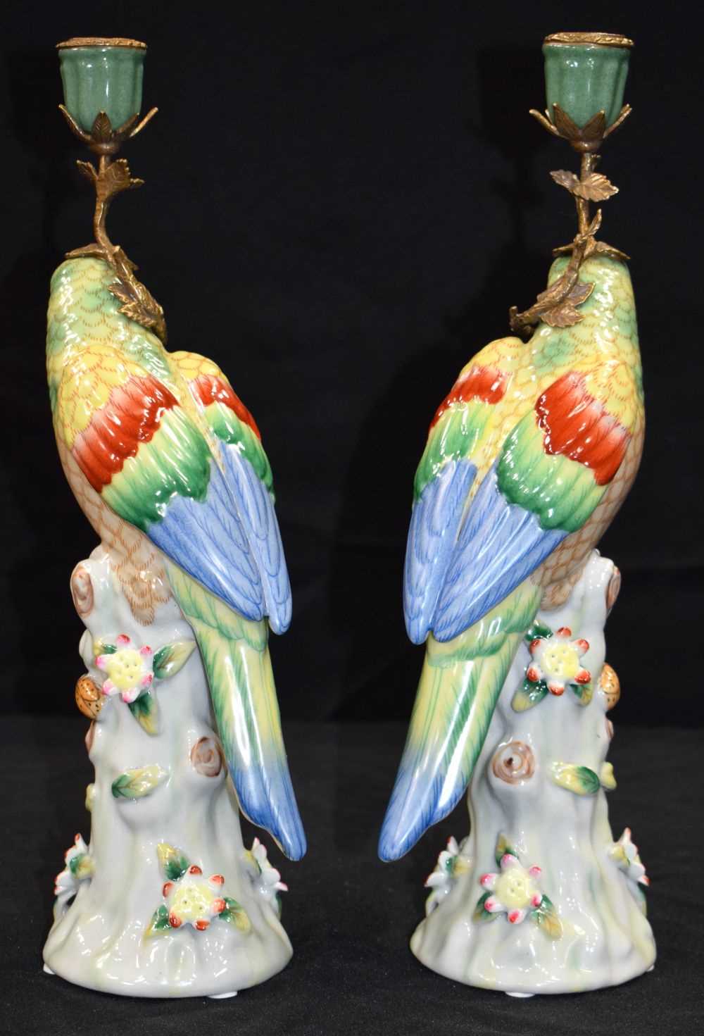 A pair of Ormolu mounted porcelain parrot candlesticks 36 cm (2) - Image 4 of 6