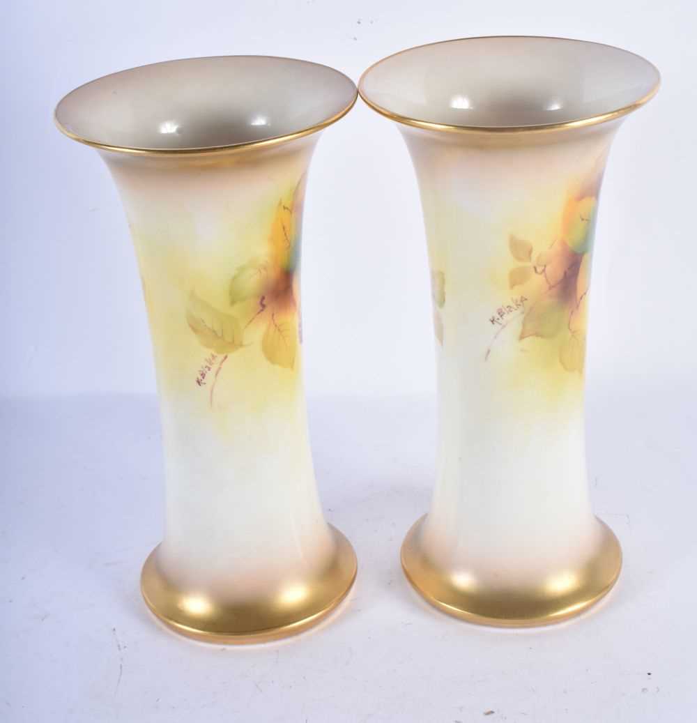 A PAIR OF ROYAL WORCESTER BLUSH IVORY VASES by Kitty Blake. 19 cm high. - Image 3 of 5