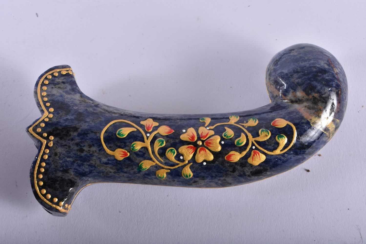 A SET OF FIVE MIDDLE EASTERN QAJAR LACQUER HARDSTONE DAGGER HANDLES overlaid with foliage and vines. - Image 3 of 4