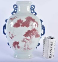 A CHINESE BLUE AND WHITE PORCELAIN IRON RED PAINTED LANDSCAPE VASE 20th Century. 30cm x 18cm.