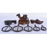 A MIDDLE EASTERN JERUSALEM CARVED WOOD CAMEL INKWELL together with a treen shoe & assorted antique