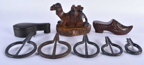 A MIDDLE EASTERN JERUSALEM CARVED WOOD CAMEL INKWELL together with a treen shoe & assorted antique