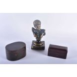 AN ANTIQUE CARVED TORTOISESHELL BOX AND COVER together with a French leather stamp box & a bronze