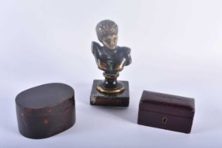 AN ANTIQUE CARVED TORTOISESHELL BOX AND COVER together with a French leather stamp box & a bronze