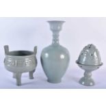 A CHINESE MONOCHROME SUNG STYLE VASE together with two similar items. Largest 27cm high. (3)