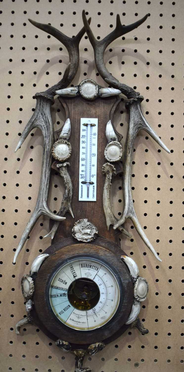 An early 20th Century wooden and antler horn Barometer and thermometer 69 cm. - Image 2 of 10