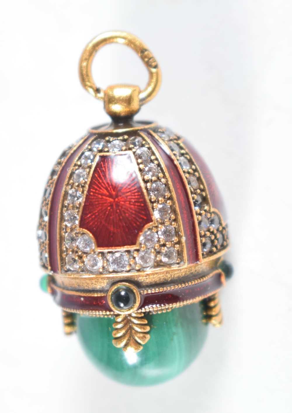 A Continental Silver Gilt, Enamel and Malachite Egg Pendant. Stamped 84, 2.6 cm x 1.7cm, weight 10. - Image 3 of 11