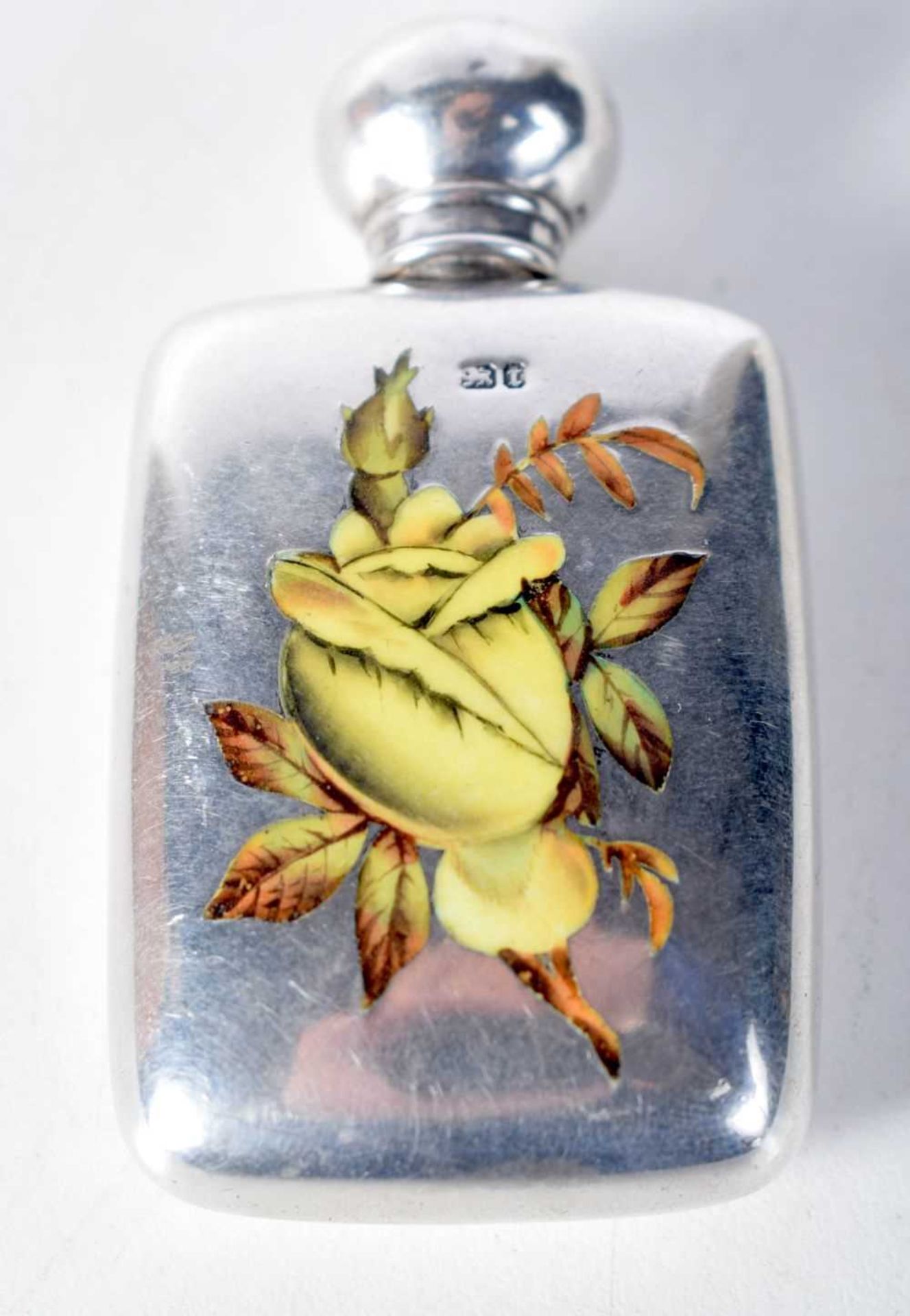 AN ANTIQUE ENGLISH SILVER AND ENAMEL SCENT BOTTLE. 34 grams. 7 cm x 4 cm.