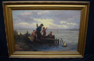M. Fenwick (British, 19th Century) Oil on canvas "The Toy boat" Christy's label to rear 50 x 76. cm