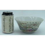 A Chinese porcelain Famille Rose bowl decorated with calligraphy and a walled city 8 x 17 cm.