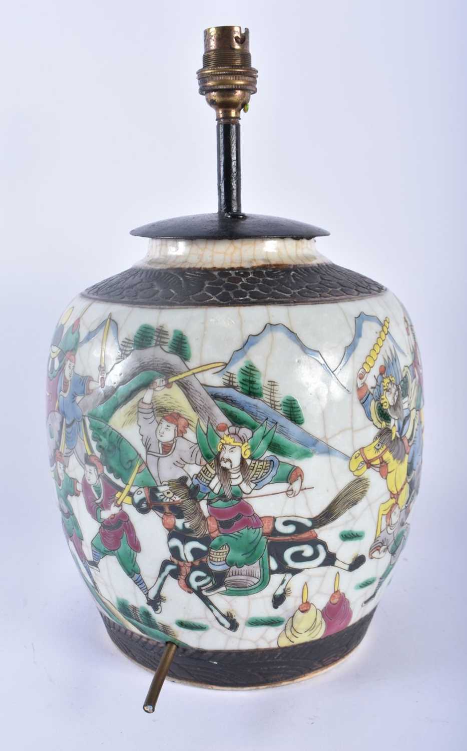 A 19TH CENTURY CHINESE CRACKLE GLAZED FAMILLE VERTE LAMP painted with figures in landscapes. 34 cm x - Image 2 of 5