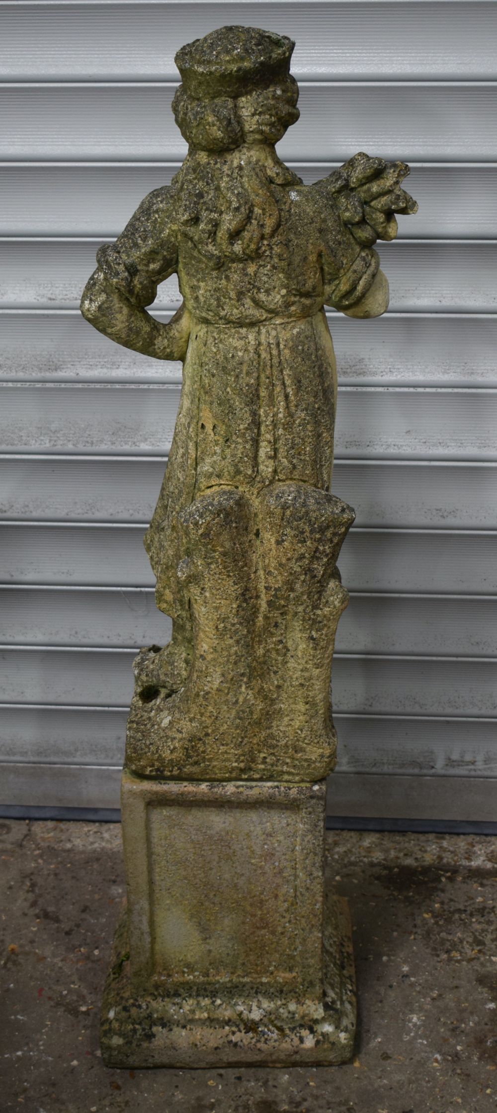 A Composite stone figure of a young girl holding a Wheatsheaf set on a plinth 115 x 28 cm cm - Image 6 of 6