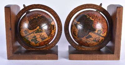 A PAIR OF WOODEN GLOBE BOOKENDS. Each 17 cm x 15 cm.