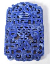A Carved Lapis Pendant. 8 cm x 5 cm x 0.6 cm, weight 51g
