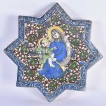 A 19TH CENTURY PERSIAN QAJAR POTTERY TILE painted with a female and child amongst calligraphy. 20 cm