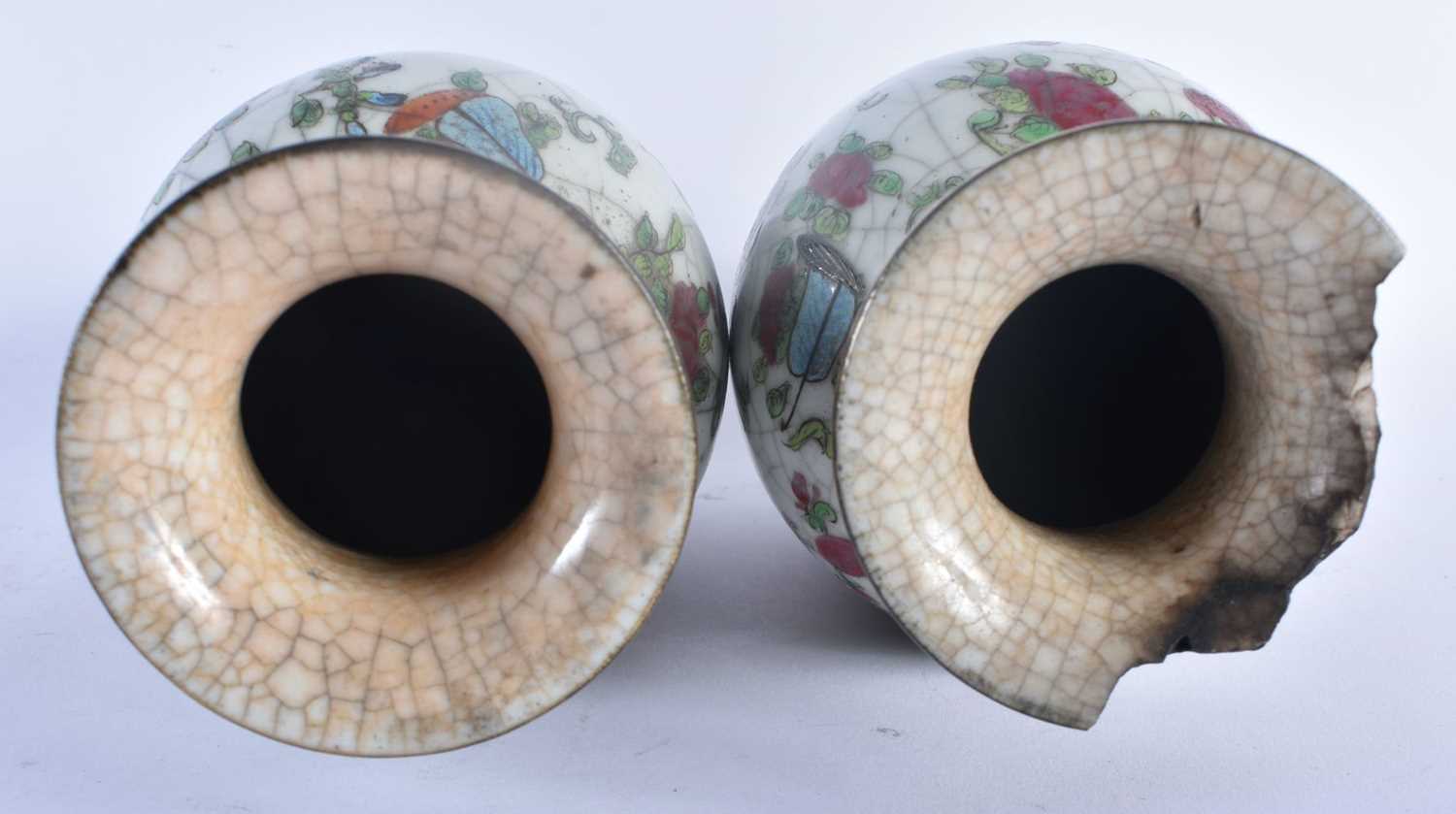 A PAIR OF 19TH CENTURY CHINESE CRACKLE GLAZED FAMILLE ROSE VASES Qing. 24 cm high. - Image 3 of 17