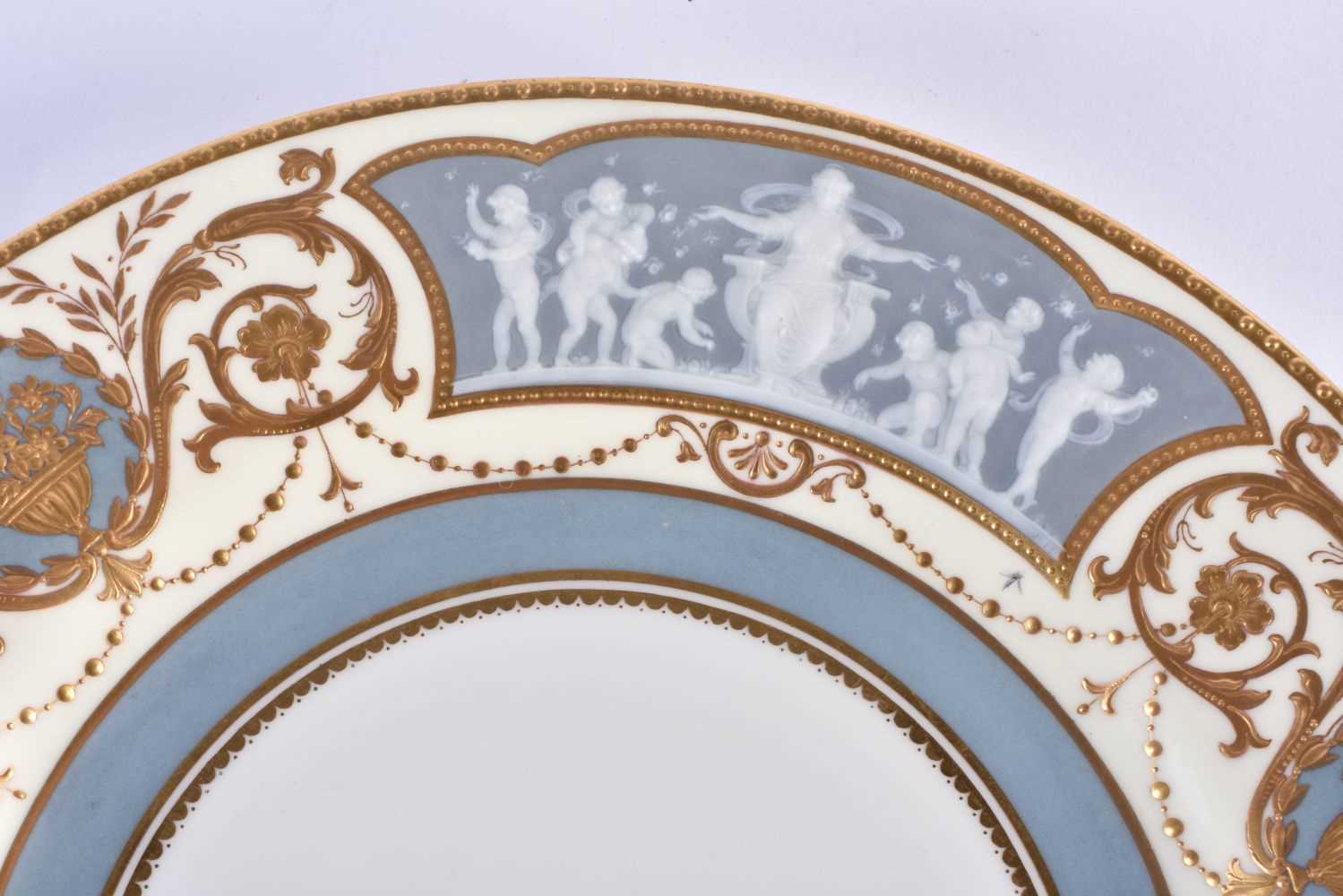 Early 20th century Minton fine pate sur pate plate decorated with three panels of figures and winged - Image 2 of 20