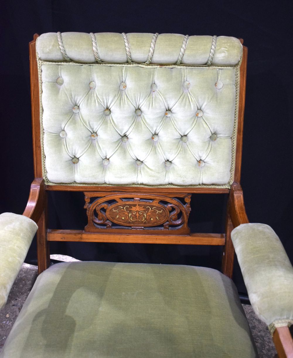 A collection of Edwardian wooden framed Upholstered armchairs with wood inlay to back (4). - Image 4 of 13