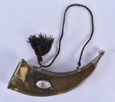 AN ANTIQUE SCOTTISH GEM INSET POWDER FLASK with probably silver mounts. Horn 28 cm x 14 cm.