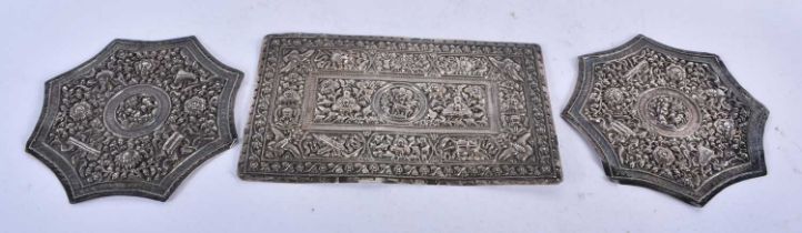 Three Chinese White Metal Dress Ornamentation Panels. Largest 14cm x 9cm, total weight 105.39g (3)