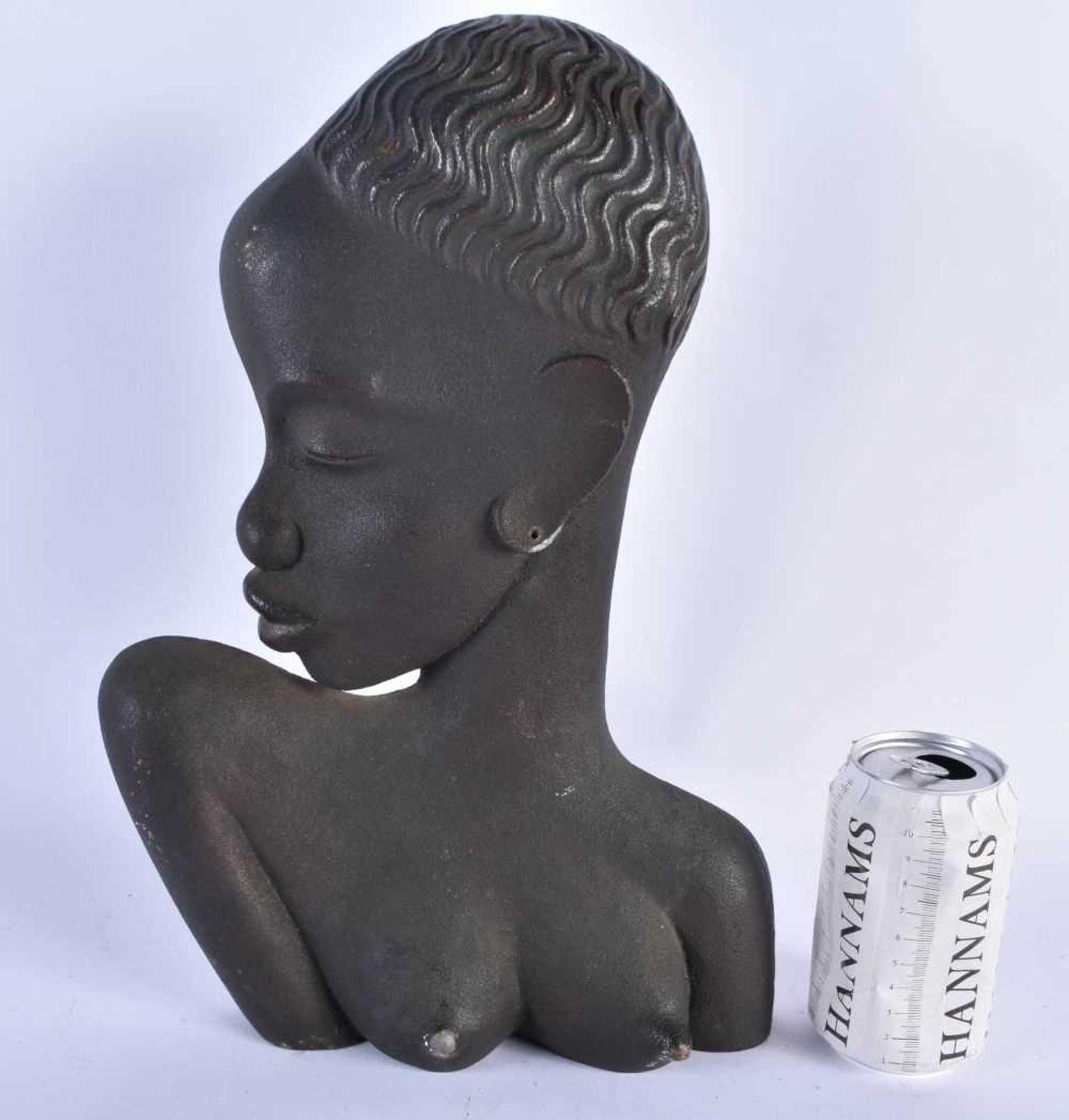 A VINTAGE CAST IRON BUST OF AN AFRICAN FEMALE in the manner of Hagenauer. 36 cm x 20 cm.