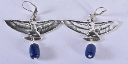 A PAIR OF EGYPTIAN STYLE SILVER EARRINGS. 18.3 grams. 6 cm x 5 cm.
