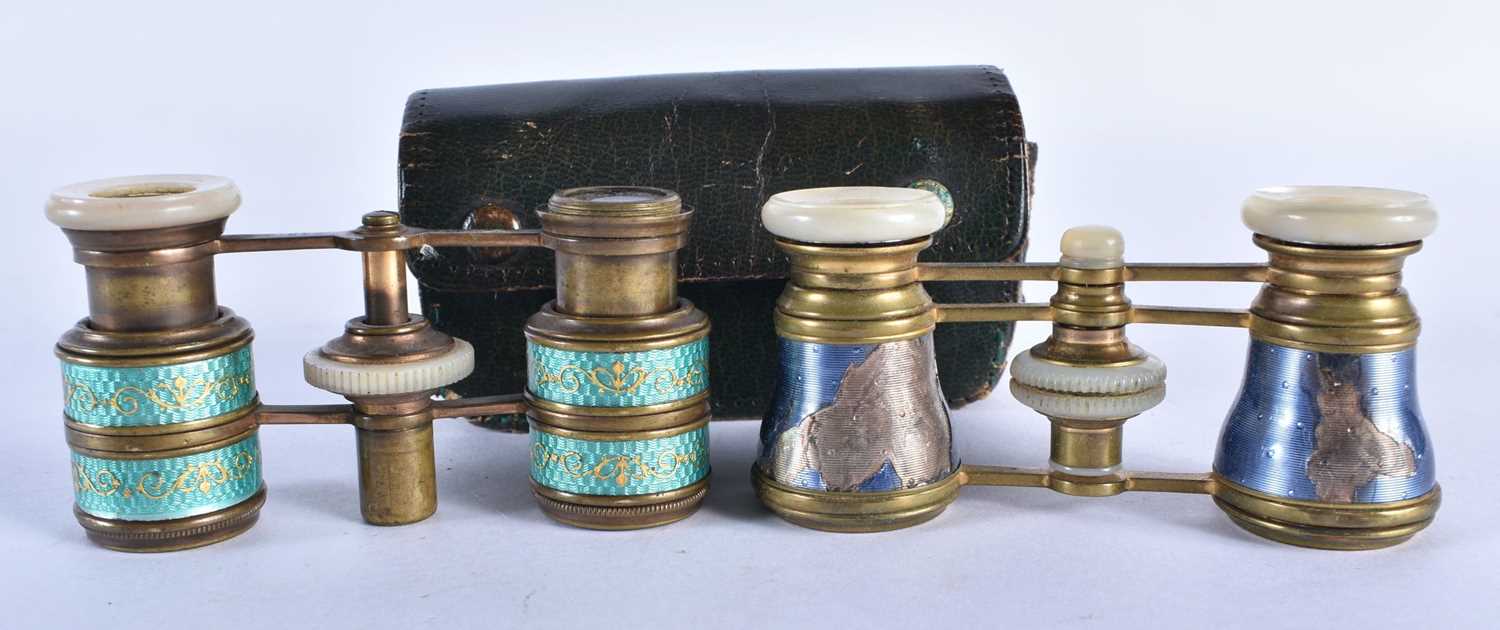 TWO PAIRS OF ENAMEL OPERA GLASSES. Largest 7 cm x 5 cm extended. (2)