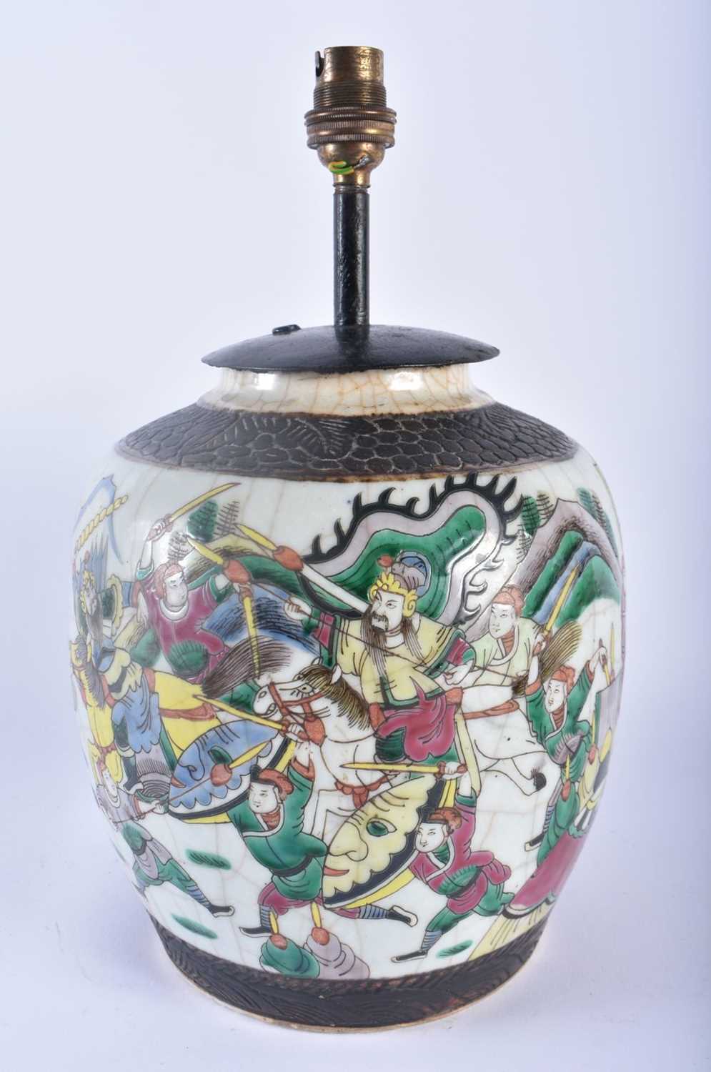 A 19TH CENTURY CHINESE CRACKLE GLAZED FAMILLE VERTE LAMP painted with figures in landscapes. 34 cm x - Image 3 of 5