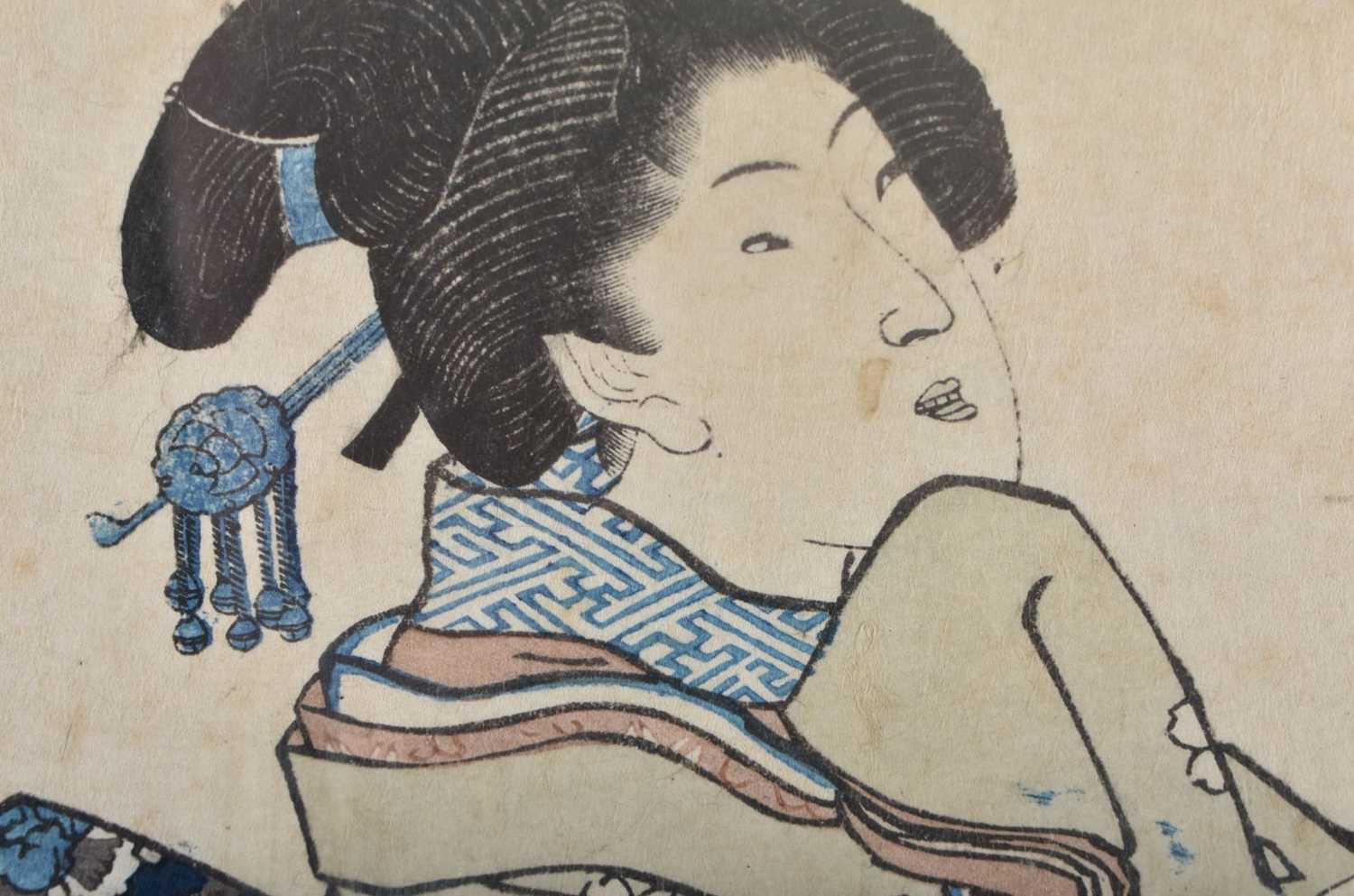 A 19TH CENTURY JAPANESE MEIJI PERIOD WOODBLOCK PRINT depicting a geisha within a landscape. 48 cm - Image 2 of 6