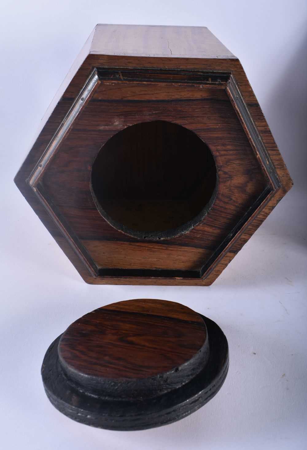 A GEORGE III MAHOGANY TEA CADDY together with a large satinwood biscuit barrel and cover. Largest 20 - Image 4 of 5