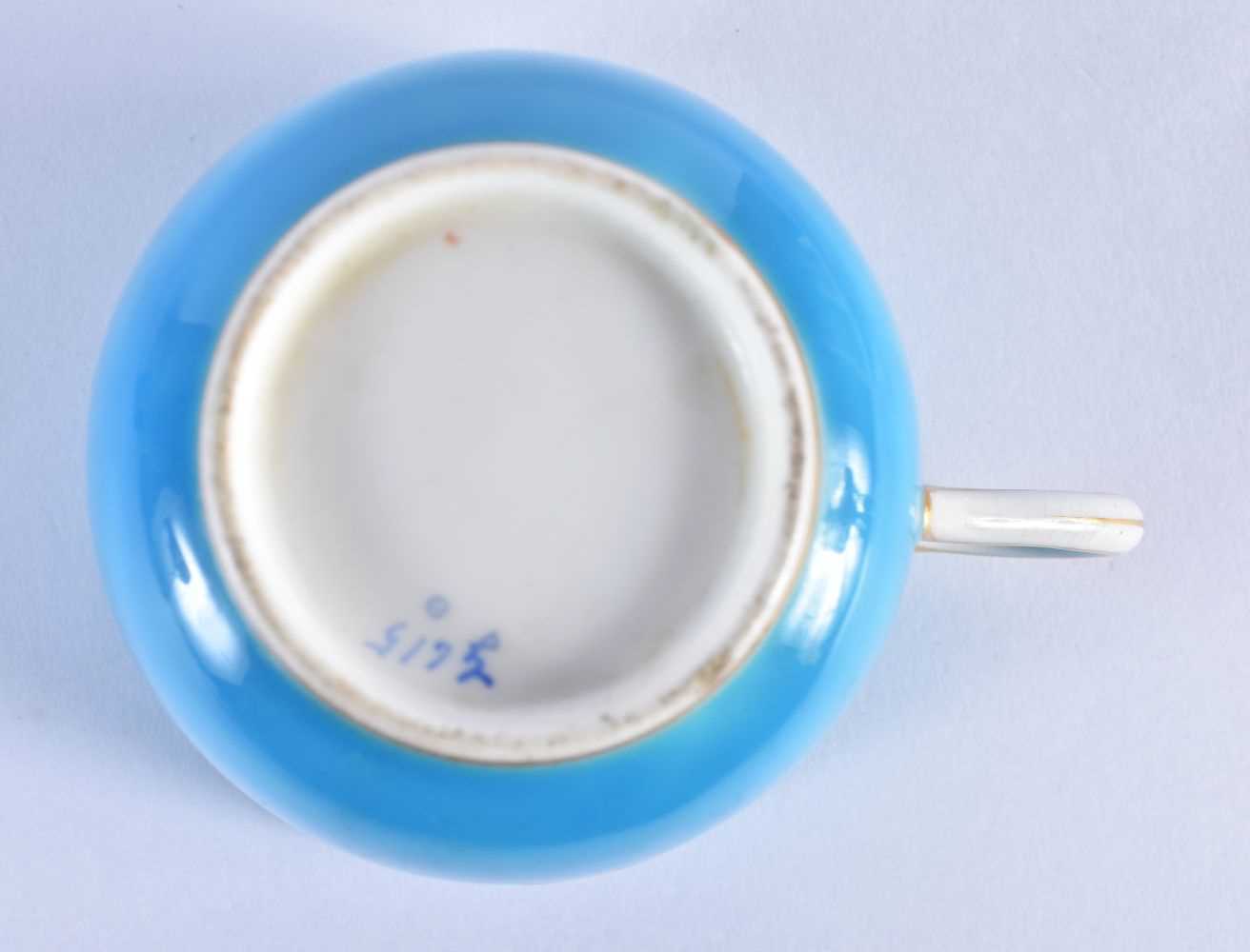 Minton coffee cup, teacup and saucer with turquoise ground painted in raised enamels with flowers ( - Image 7 of 10