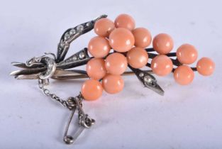 A Silver, Coral and Seed Pearl Brooch in the form of a Bunch of Grapes. 5.2 cm x 2.2 cm, weight 7g