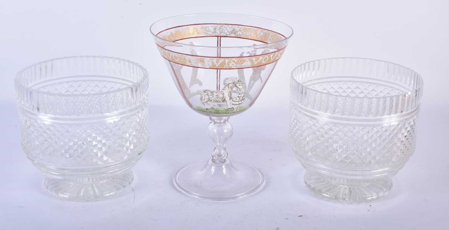 A PAIR OF GEORGE III CUT GLASS BOWLS together with an enamelled glass cup. Largest 13 cm x 9 cm. ( - Image 2 of 3