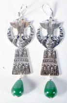 A Pair of Egyptian Revival / Art Deco Silver and Jade Earrings. Stamped Sterling. 8.7cm x 2.4cm,
