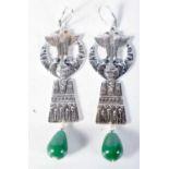 A Pair of Egyptian Revival / Art Deco Silver and Jade Earrings. Stamped Sterling. 8.7cm x 2.4cm,