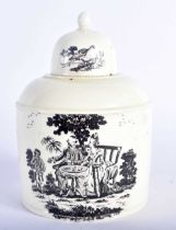 AN 18TH CENTURY CREAMWARE TEA CADDY AND COVER printed with Hancock style scenes. 13 cm x 7 cm.