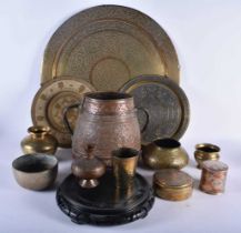 A COLLECTION OF ANTIQUE MIDDLE EASTERN BRONZE & METALWORK including a silver inlaid charger etc.